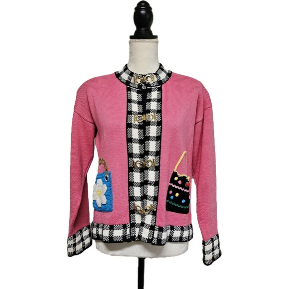 Derek2 Sweaters - Vintage 80s Retro Berek2 Pink Knit Whimsy Purse Cardigan Size M Artsy Dopamine